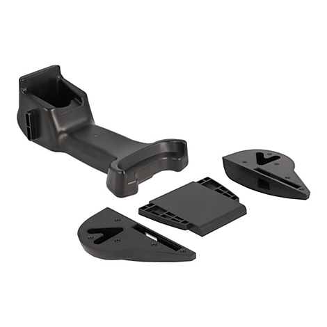 Schwarze Kunststoffhalterung für ein Gerät, mit mehreren Einzelteilen und Schrauben auf weißem Hintergrund.