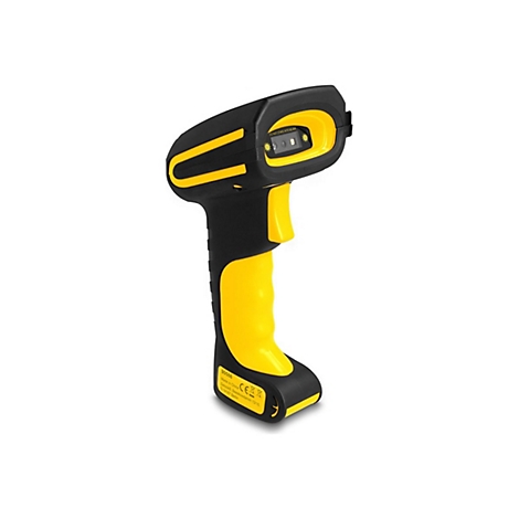 Ein schwarz-gelber Barcodescanner. Auf dem Scanner steht: 'DO NOT STARE INTO BEAM.'