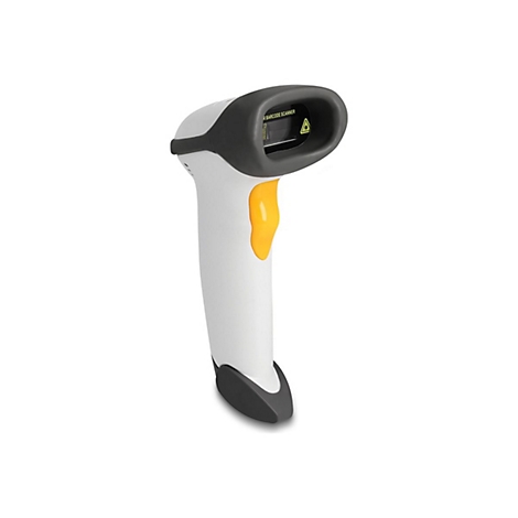 Handlicher Barcode-Scanner in weiß und grau mit gelbem Knopf. Beschriftung: Barcode-Scanner. Gezeigt wird ein Laser-Warnsymbol.