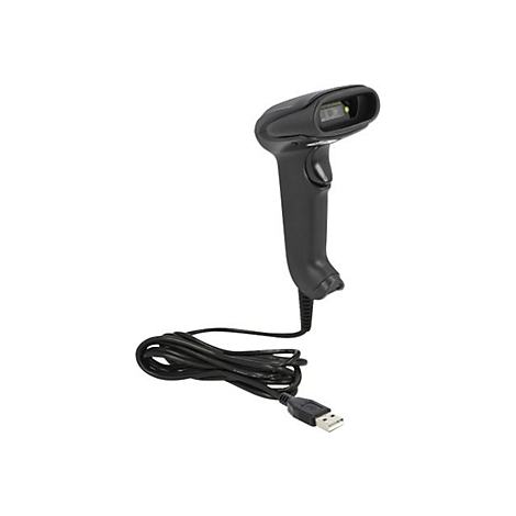 Schwarzes Barcode-Lesegerät mit USB-Kabel auf weißem Hintergrund.