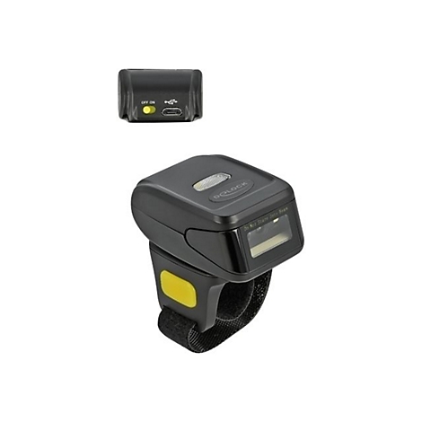 Schwarzer Barcode-Scanner mit Handgelenkschlaufe. Darunter ein kleineres schwarzes Gehäuse. Aufschrift: "DOLOCK" und "Do Not Stare into Beam".