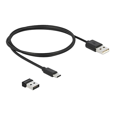 Ein schwarzes USB-Kabel mit USB-A- und USB-C-Anschlüssen. Dazu ein USB-A-Adapter.