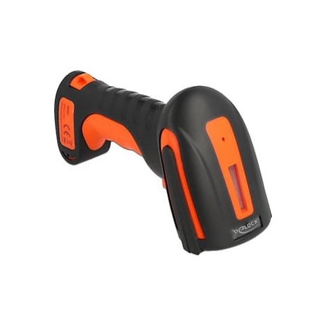 Ein schwarzer und orangefarbener Barcodescanner, der leicht schräg gehalten wird.