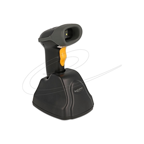 Ein schwarzer Barcode-Scanner steht auf einer Basis. Ein gelber Akzent an der Seite des Scanners. Auf dem Scanner steht „Datalogic“.