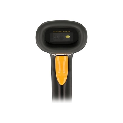 Ein schwarzer Barcode-Scanner mit gelben Akzenten und dem Hinweis "DO NOT STARE INTO BEAM".