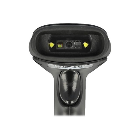 Nahaufnahme eines schwarzen Barcodescanners, der auf eine helle Fläche zeigt. Die Laser und LEDs sind deutlich zu sehen.