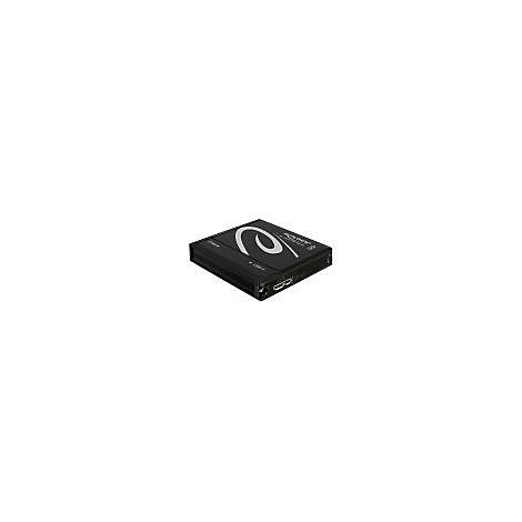 Schwarze, quadratische Konverterbox mit weißem E-Logo und HDMI-Anschluss vor weißem Hintergrund.