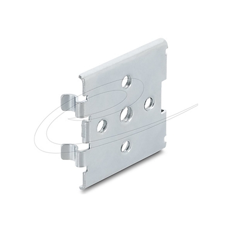 Rechteckiger Montageclip aus Metall mit fünf runden Bohrungen und zwei seitlichen Haken.