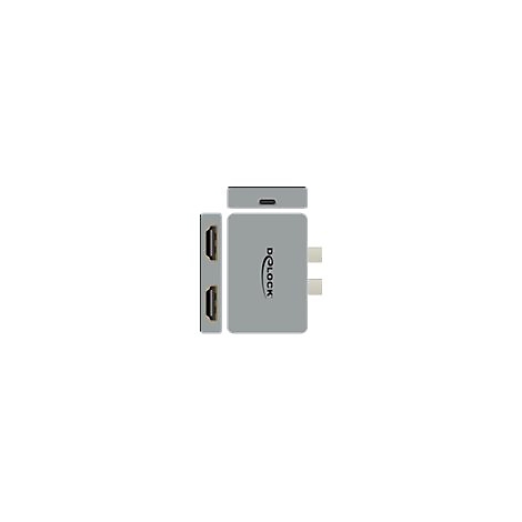 Grauer Delock USB-C Dockingstation-Adapter mit zwei HDMI-Anschlüssen und USB-C-Steckern.