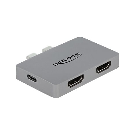 Grauer USB-C auf Dual HDMI Adapter von Delock mit zwei HDMI-Anschlüssen und einem USB-C-Anschluss.
