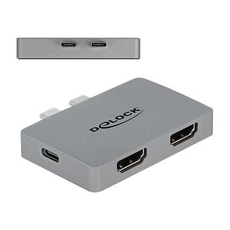 Grauer Delock USB-C Hub mit zwei HDMI-Anschlüssen und einem USB-C-Port, zwei USB-C-Stecker an der Seite.