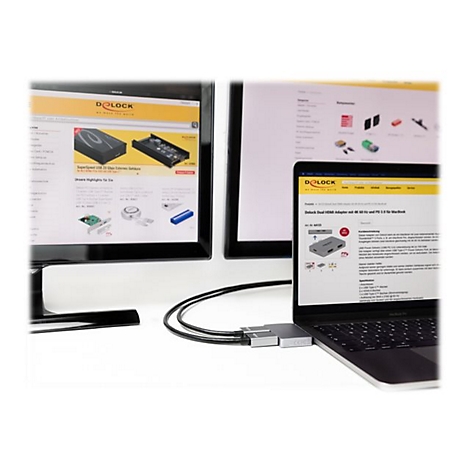 Laptop an zwei Monitore angeschlossen über einen Delock HDMI-Adapter, zeigt Website-Inhalte.