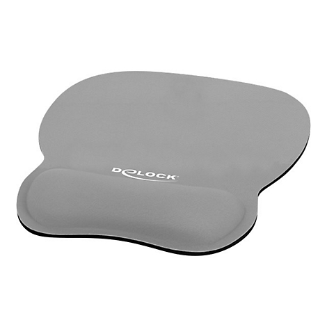 Graues ergonomisches Mauspad mit Handgelenkauflage und aufgedrucktem weißen Delock-Logo.