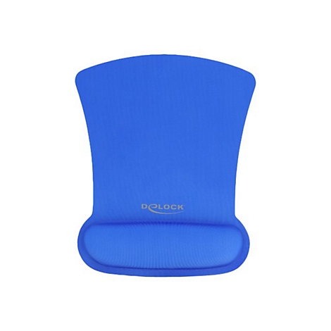Blaues ergonomisches Mauspad mit Handgelenkauflage und Delock-Logo vor weißem Hintergrund.