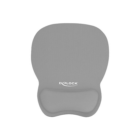 Graues Mauspad mit integrierter, ergonomischer Handgelenkauflage und Delock-Logo vor weißem Hintergrund.