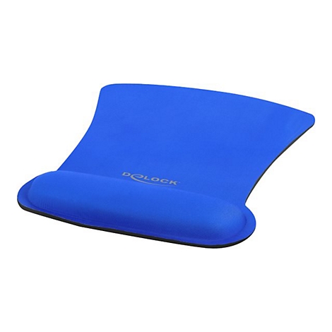 Blaues Mauspad mit integrierter Handballenauflage und Delock Logo.