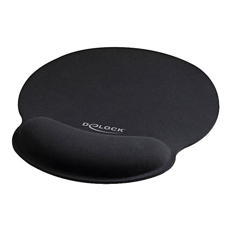 Schwarzes Mauspad mit ergonomischer Handgelenkauflage und grauem Delock-Logo auf weißem Hintergrund.