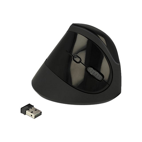 Schwarze ergonomische Vertikalmaus und USB-Empfänger vor weißem Hintergrund.