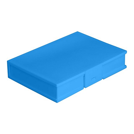 Eine flache, rechteckige Aufbewahrungsbox in leuchtendem Hellblau auf weißem Hintergrund.