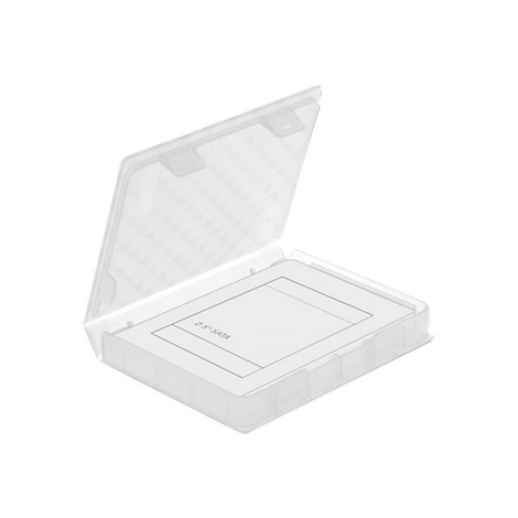 Offene, transparente Kunststoffschutzbox mit einer eingelegten 2,5-Zoll-SATA-Festplatte.