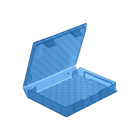 Halboffene, transparente, blaue Kunststoffbox mit Rautenmuster auf dem Boden.