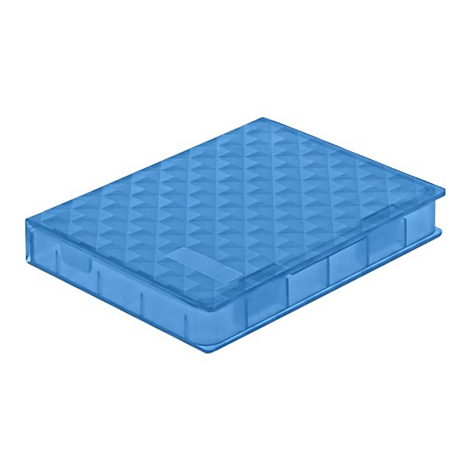 Eine flache, rechteckige Kunststoffbox in Blau mit einem pyramidenförmigen Muster auf dem Deckel.
