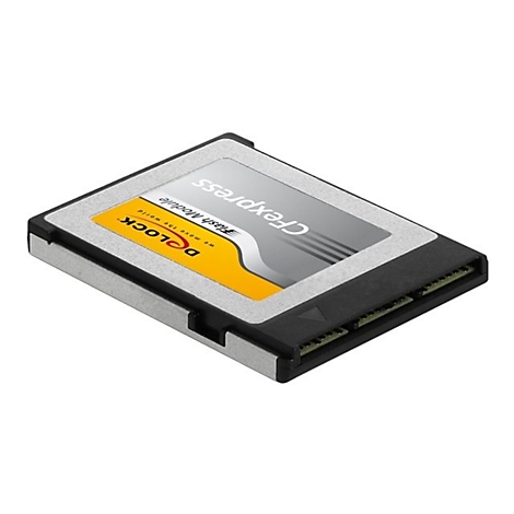 Delock CFexpress Speicherkarte, silbern und schwarz mit gelbem Logo auf weißem Hintergrund.