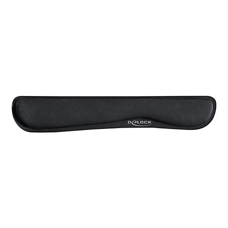 Schwarze, ergonomische Tastatur-Handballenauflage mit Delock-Logo auf weißem Hintergrund.