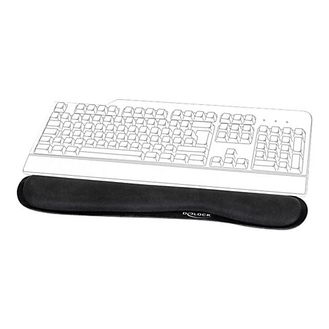 Schwarze Tastatur-Handgelenkauflage von Delock vor einer schematischen Darstellung einer Tastatur.