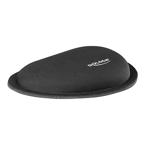 Schwarze, ergonomische Handgelenkauflage für die Maus vor weißem Hintergrund.