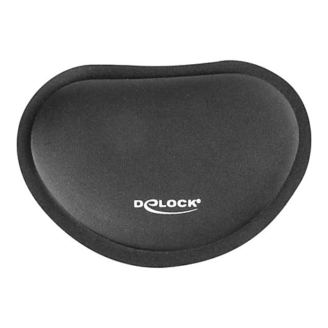 Schwarze, ergonomisch geformte Gel-Handballenauflage mit weißem Delock-Logo auf weißem Hintergrund.