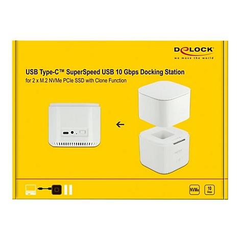 Weiße Dockingstation für SSDs auf gelbem Hintergrund. Text: USB Type-C, SuperSpeed USB 10 Gbps. Zwei Einzelteile bilden die Dockingstation.