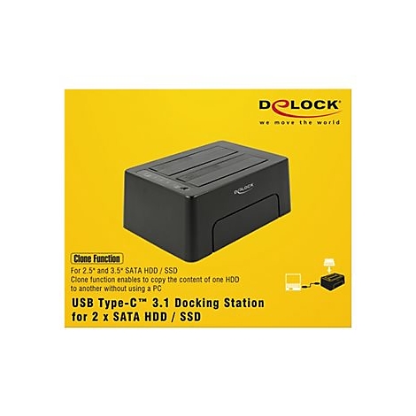 Schwarze Dockingstation fÃ¼r Festplatten auf gelbem Hintergrund. Text: USB Type-C 3.1 Docking Station, Clone Function, 2x SATA HDD/SSD.