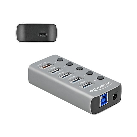 Grauer Delock USB-Hub mit fünf Anschlüssen, Schaltern und seitlichem USB-B-Anschluss.