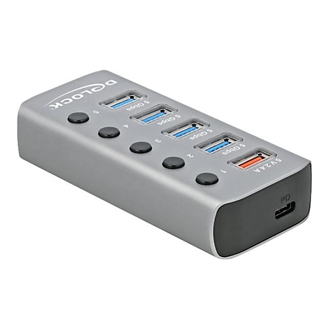 Silberner Delock USB-Hub mit fünf Anschlüssen, einzelnen Tasten und USB-C PD-Port vor weißem Hintergrund.