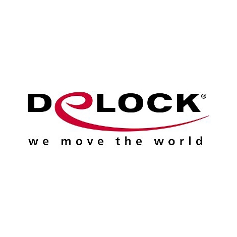 Firmenlogo von Delock mit rotem geschwungenem Element und dem Slogan we move the world.