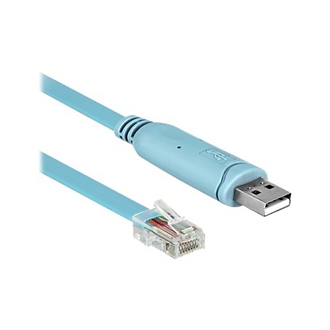 Hellblaues USB-auf-RJ45-Kabel mit USB-A-Stecker, RJ45-Stecker und Kabel. Detailansicht.