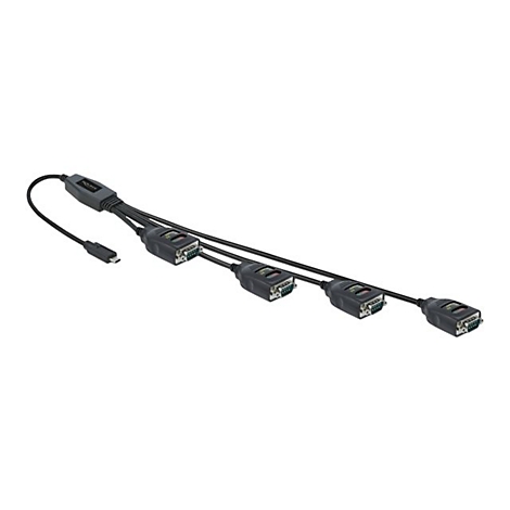 USB-C auf vierfacher serieller RS-232-Adapter mit schwarzen Kabeln und Anschlüssen vor weißem Hintergrund.