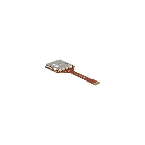 Flaches, braunes Flachbandkabel mit einem silberfarbenen elektronischen Modul und goldenen Kontaktstellen.