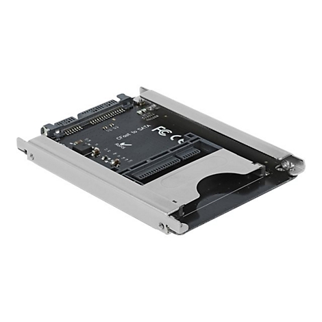 CFast-zu-SATA-Adapter-Platine mit silbernem Metallrahmen vor weißem Hintergrund.