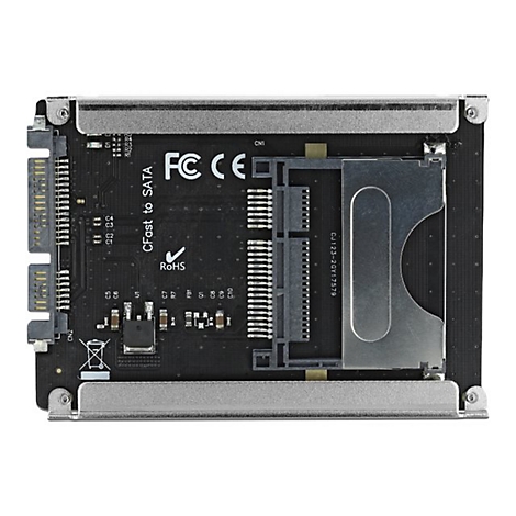CFast-zu-SATA-Adapter-Platine in schwarzem Gehäuse vor weißem Hintergrund.