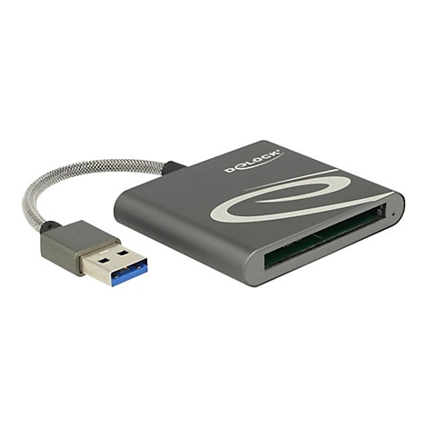Grauer Delock Kartenleser mit USB 3.0 Anschluss und kurzem, geflochtenem Verbindungskabel.
