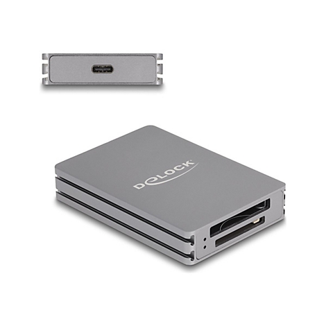 Grauer Delock Kartenleser aus Aluminium mit USB-C-Anschluss in der Seitenansicht und schräg von oben.