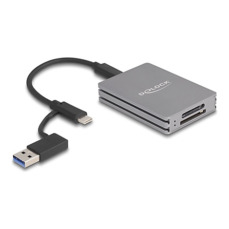 Grauer Delock Kartenleser mit USB-C und USB-A Anschlüssen vor weißem Hintergrund.