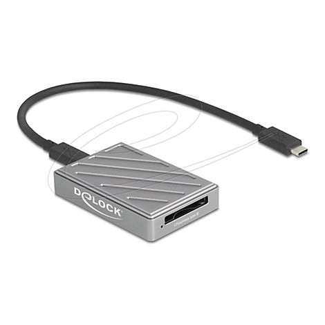Grauer Delock CFexpress Typ B Kartenleser mit USB-C Kabel vor weißem Hintergrund.