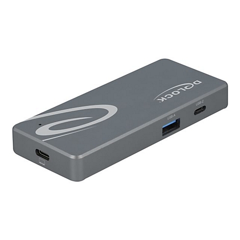 Grauer USB-C Hub mit Anschlüssen, seitlich der Schriftzug "D-LOCK".