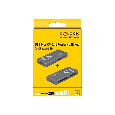 Verpackung eines USB Typ-C Kartenlesers und USB Hubs. Grau auf gelbem Hintergrund mit Produktnamen und Logo.