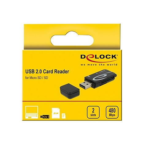 Gelbe Verpackung eines Delock USB 2.0 Kartenlesers für SD und Micro SD Karten.
