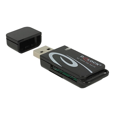 Schwarzer USB-Stick von Delock mit abgenommener Schutzkappe vor weißem Hintergrund.