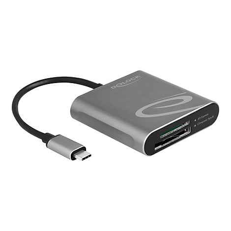 Grauer Speicherkartenleser mit USB-C-Anschluss, schwarzem Kabel und Logo-Aufdruck.